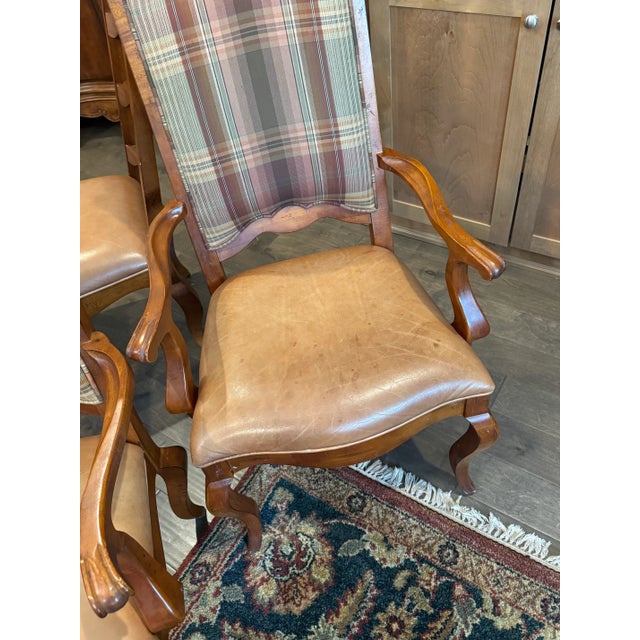 Century Furniture “Town & Country” Dining Chairs – Robert Allen Fabric & Bison Nutmeg Leather For Sale - Image 11 of 12