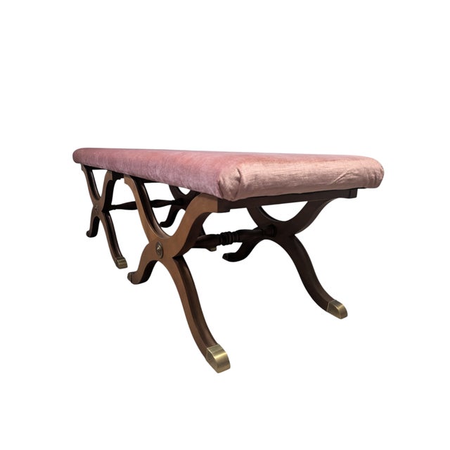 Vintage Dorothy Draper Espana Pink Velvet Bench With Curule Legs For Sale In Charlotte - Image 6 of 15