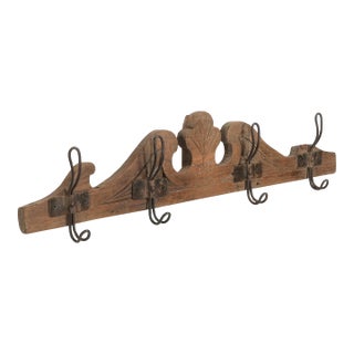 1990s Rustic Wall Mounted Coat Rack With 4 Hooks | 30" Distressed Wood Entryway Organizer | Farmhouse Mudroom Decor | Handcrafted Wall Panel For Sale