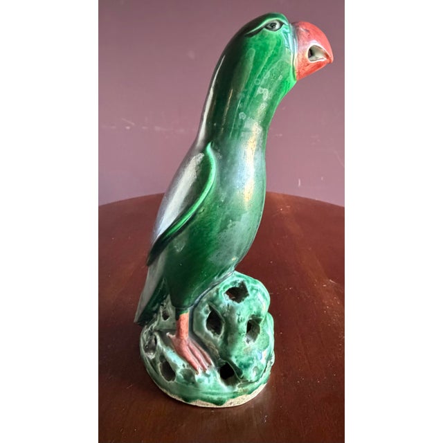 Traditional Chinese Import Vintage Antique Ceramic Parrots With Beautiful Green Glaze. 8” Tall. Late 19th Early 20th Century, Approx. Quing Dynasty? For Sale - Image 3 of 11