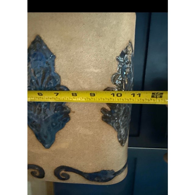 Traditional Handmade Tan and Blue Pottery Vase For Sale - Image 3 of 6