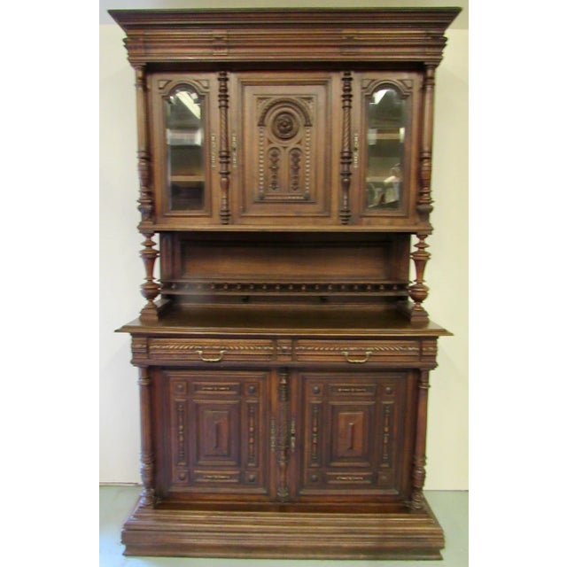Early 20th Century Carved Antique English Two Piece Walnut Court Cupboard China Cabinet For Sale - Image 12 of 13