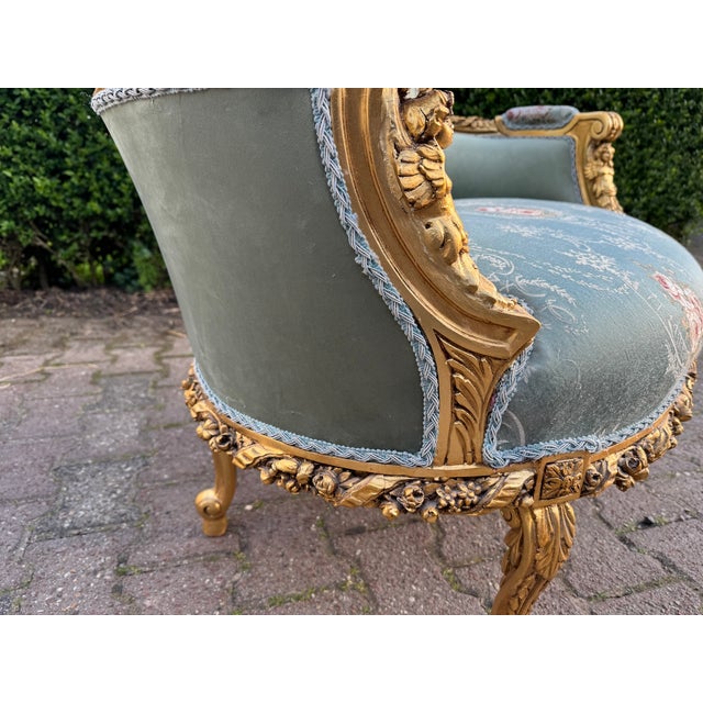 1950 French Louis XVI Gold Beech Damask Settee - 1 Pc For Sale - Image 6 of 14