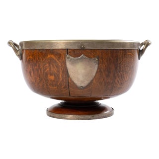 1900s English Oak & Silverplated Center Bowl With China Liner For Sale
