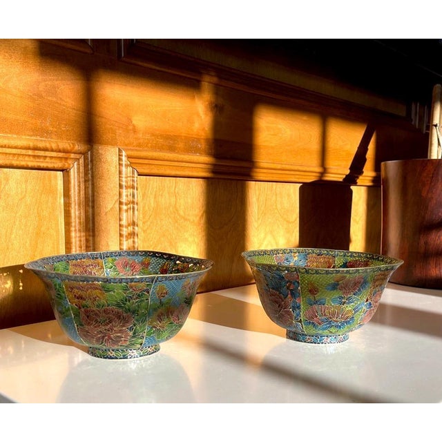 Metal Pair of Large Chinese Cloisonné Plique-à-Jour Bowls For Sale - Image 7 of 12