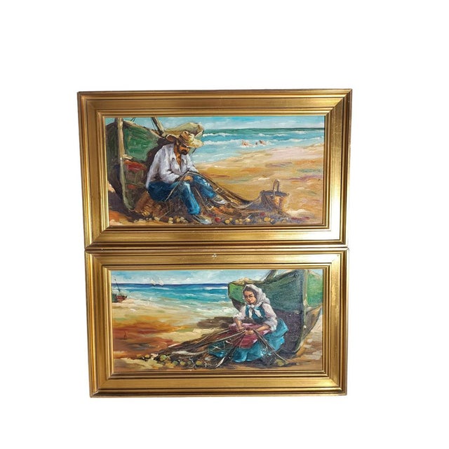 Marine Landscapes with Fishermen, 1920s, Oil on Canvas Paintings, Framed, Set of 2 For Sale - Image 7 of 7