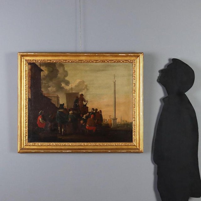 Oil on canvas. At the centre of the scene, set outdoors in a suburb of the city, a figure standing on a stage or a raised...