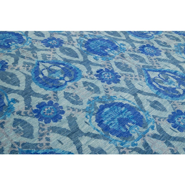Blue 12 X 15 Allover Designed Contemporary Ikat Wool Rug in Green and Blue Color For Sale - Image 8 of 9