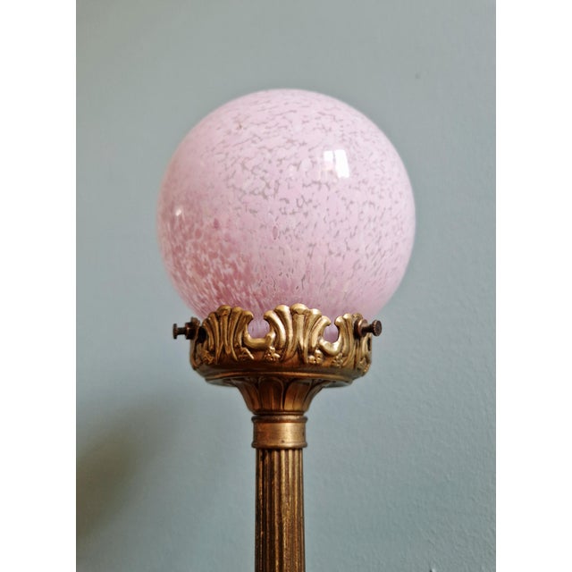 Gilt Bronze Table Lamp with Pink Speckled Glass Globe, Early 20th Century For Sale - Image 3 of 14