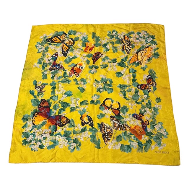 A 1990s Butterflies and Flowers Silk Scarf by Nina Ricci For Sale
