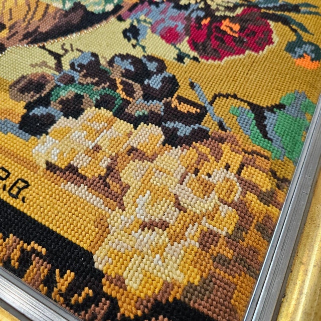 Metal Vintage Needlepoint Floral Still Life Wall Art Gold Frame Large 29x22" Yellow For Sale - Image 7 of 11