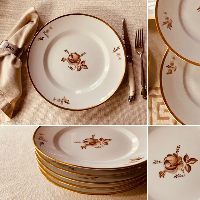1960s Royal Copenhagen Brown Rose Hand-Painted Porcelain Dinner Plates Set of 6 - Gilt Borders For Sale - Image 5 of 12