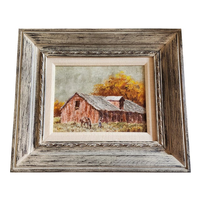 Vintage Red Barn Painting by Ewen For Sale