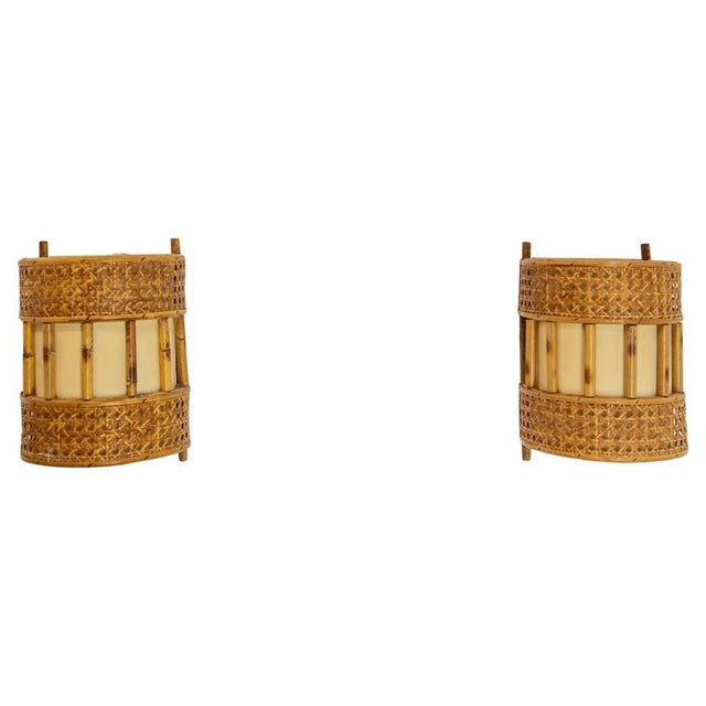 Cane Rattan & Fabric Sconces in the style of Louis Sognot, 1960s, Set of 2 For Sale - Image 11 of 11