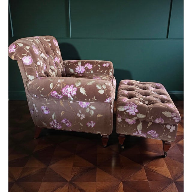 1990s Vintage Custom Traditional English Cottage French Floral Velvet Armchair + Ottoman For Sale - Image 5 of 12