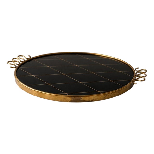 Brass and Black Glass Serving Tray by Josef Frank for Svenskt Tenn, Sweden, 1940s For Sale