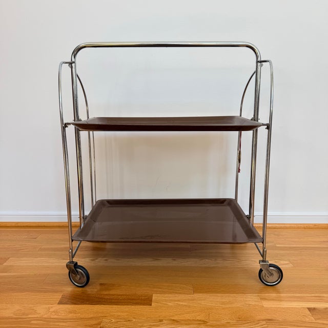 Vintage 1970s German Bremshey Chrome & Brown Folding Bar Cart For Sale - Image 10 of 10