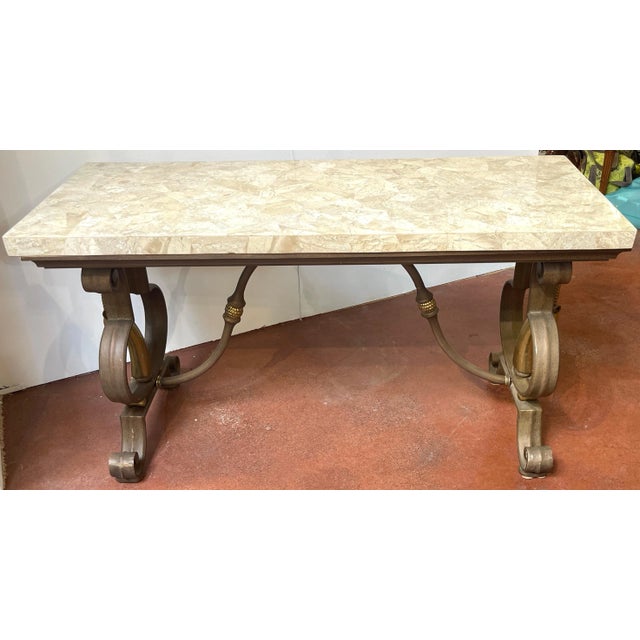 Metal Hollywood Regency Wrought Iron and Tessellated Stone Console For Sale - Image 7 of 9