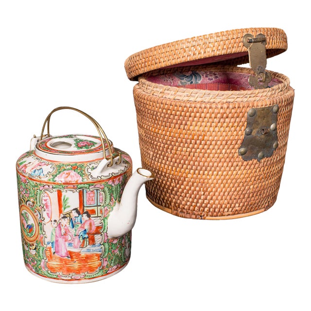 Antique Famille Rose Teapot, Oriental, Ceramic Chá Pot, Wicker Case, Circa 1920 For Sale