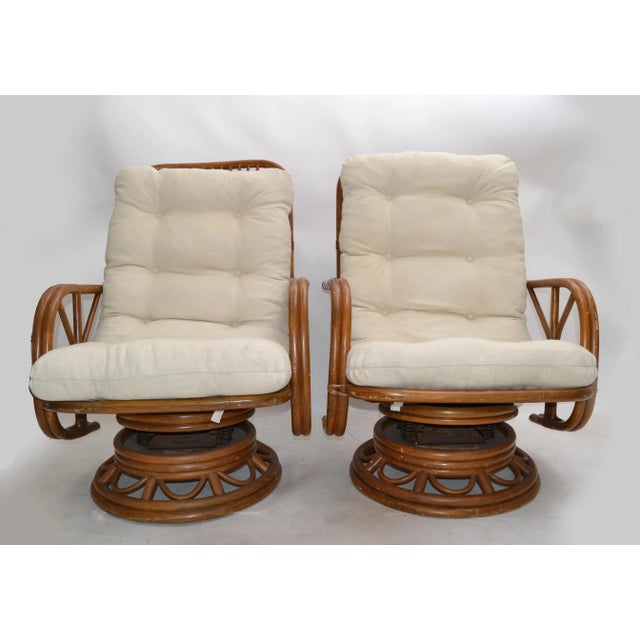 Vintage Bamboo & Wicker High Back Lounge Chair Beige Linen Upholstery - Pair For Sale In Miami - Image 6 of 13
