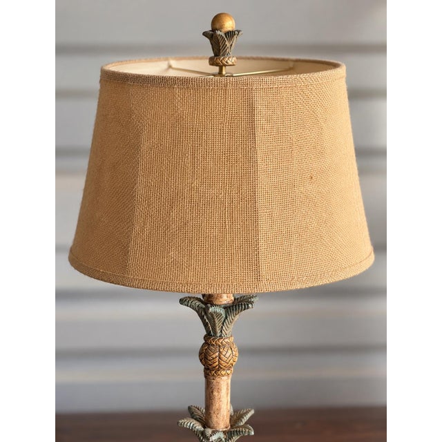 Vintage Tropical Hollywood Regency Pineapple & Palm Leaf Table Lamp With Burlap Shade For Sale In Los Angeles - Image 6 of 6