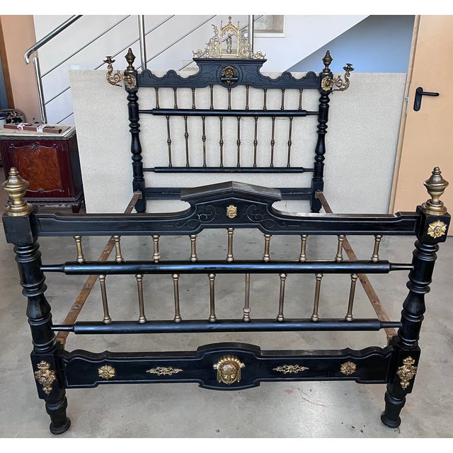 French French Black Ebonized Bed With Bronze Mounts and Candle Holder , Signed For Sale - Image 3 of 13