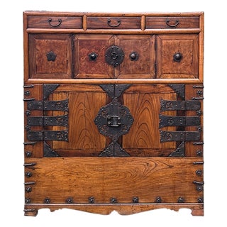 Asian Pattern Brown Black Hardware Drawers Accent Storage Cabinet For Sale