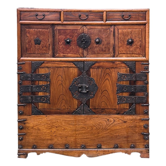 Asian Pattern Brown Black Hardware Drawers Accent Storage Cabinet For Sale