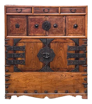 Asian Pattern Brown Black Hardware Drawers Accent Storage Cabinet