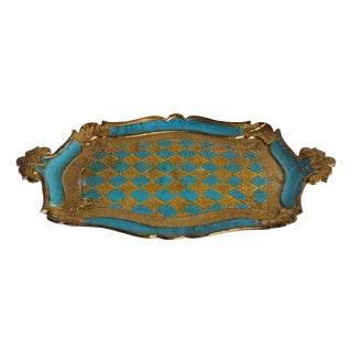 Florentine Neo-Rococo Gilt and Turquoise Tray with Harlequin Pattern, Italy, 1950s For Sale