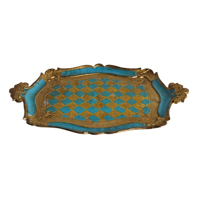Florentine Neo-Rococo Gilt and Turquoise Tray with Harlequin Pattern, Italy, 1950s For Sale