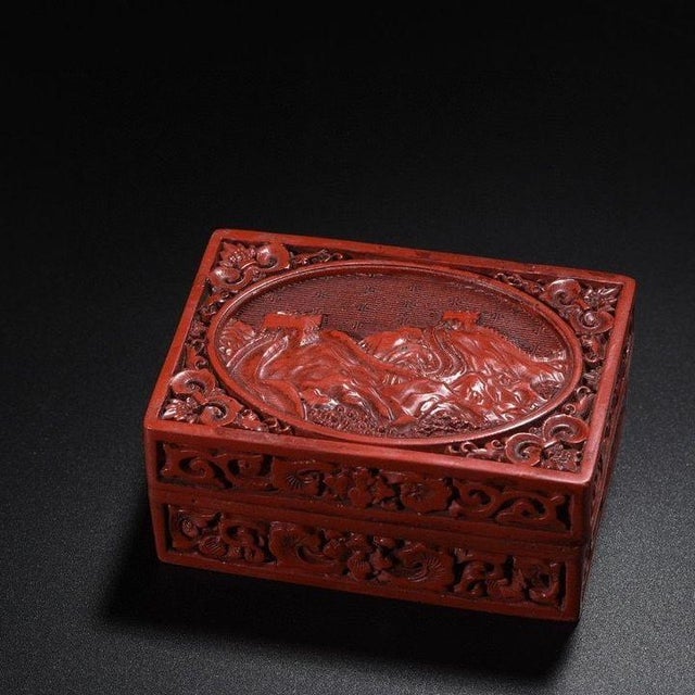 Paint Chinoiserie Red Lacquer Document Box, Rectangular Relief Carved Landscape, Tabletop Decor For Sale - Image 7 of 9