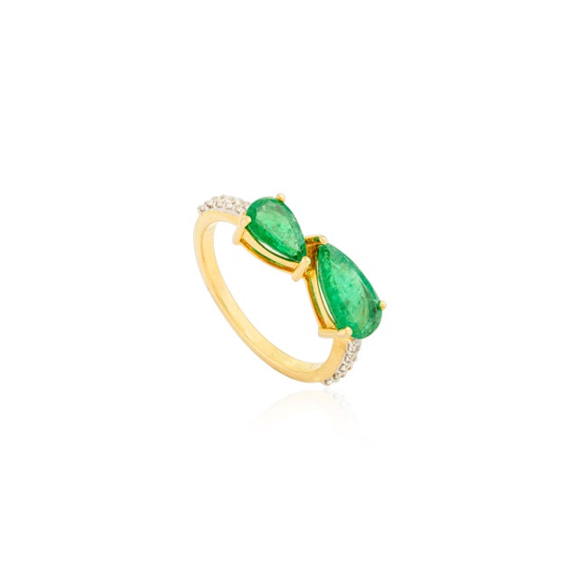 Pear Cut Emerald Toi Et Moi Ring With Diamonds in 14k Solid Gold Size 5.5 For Sale - Image 4 of 12