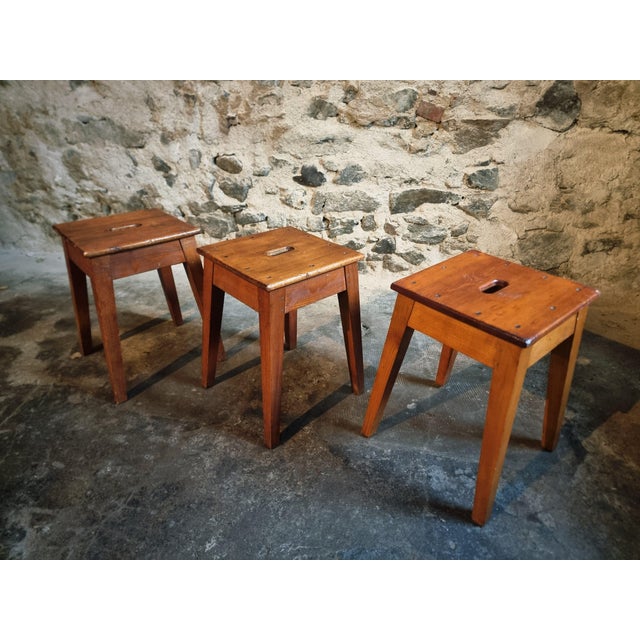 Vintage French Wooden Stools, 1950s, Set of 3 For Sale - Image 12 of 15