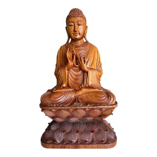 Gautama Buddha Sitting on Lotus - Asian Wood Carving Statue For Sale