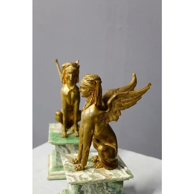 Green Napoleon III Empire Bronze & Alabaster Sphinxes, France, 19th Century, Set of 2 For Sale - Image 8 of 12