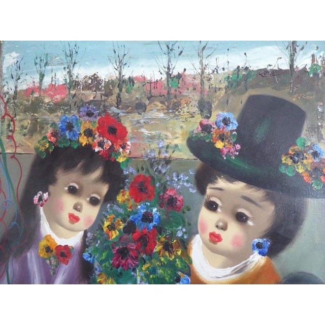 Textile S. Reno, Portrait of Two Children, 1960s, Oil Painting on Canvas, Framed For Sale - Image 7 of 14
