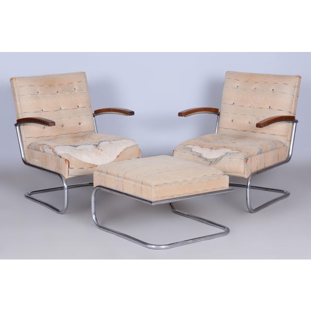 Wood Czech Bauhaus Armchairs and Stool in Beech and Chrome in Steel, 1920s, Set of 3 For Sale - Image 7 of 12