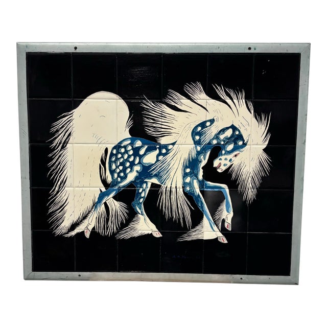 Vintage Serigraph Spirit Horse by Noted Potawatomi Artist Woodrow Wilson "Woody" Crumbo (1912–1989), Mounted in a Custom Tile For Sale