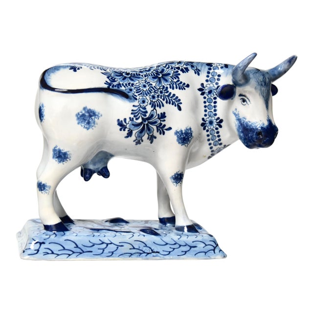 Antique Blue & White 'Chambre Des Peintres Hollandais' Hand Painted Large Faience Cow Figure For Sale
