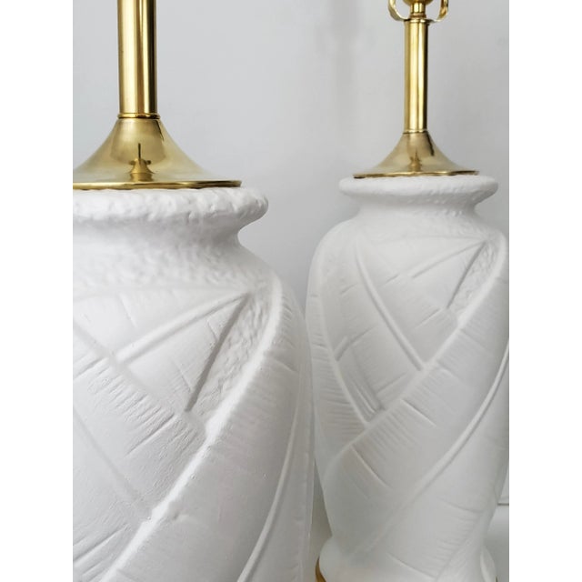 Wood Lamp Pair White Plaster Palm Tree Leaf Restored Large For Sale - Image 7 of 13