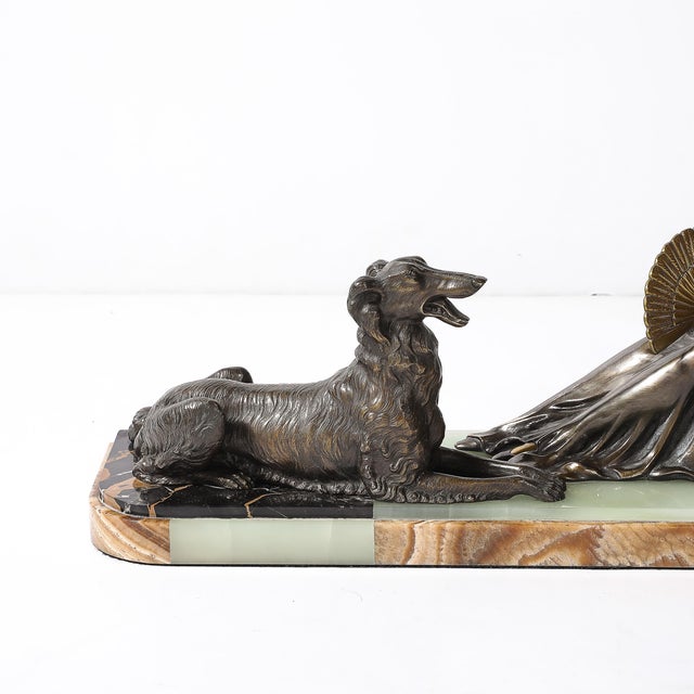 Art Deco Art Deco Sculpture by Limousin of Woman Seated With Dog on Exotic Marble Base For Sale - Image 3 of 12