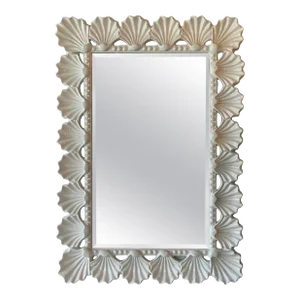 Vintage Scalloped Seashell Shell Palm Beach Soft White Lacquered Wall Mirror