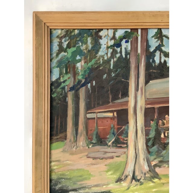 Circa 1940s oil on canvas with vibrant colors of cabin in the woods found in the Adirondack region of New York State....