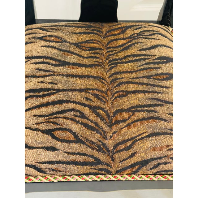 Black Gorgeous Mackenzie Childs Style 4 Chairs Black Lacquer TigerBrocade For Sale - Image 8 of 11