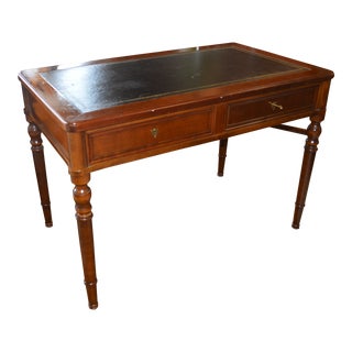 1980s Grange Wooden Ladies Writing Desk W/ 2 Drawers Black / Gold Leather Top & Pull Out End Extensions For Sale