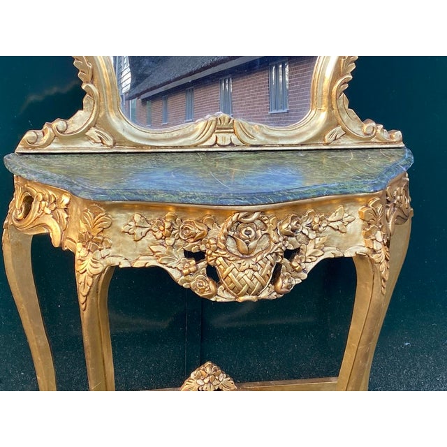 1920s French Louis XVI Gilt Beech Marble Console Table & Mirror – 2 Pc For Sale - Image 6 of 10