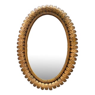 1950s Sunburst Oval Mirror in Gilt Metal For Sale
