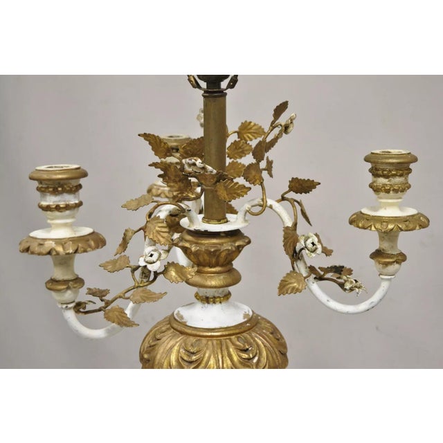 Vintage Italian Hollywood Regency Giltwood White & Gold Candelabra Table Lamp For Sale In Philadelphia - Image 6 of 12