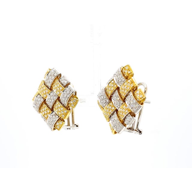 Garavelli 3.5 Ct Diamond Woven Square 18k Two-Tone Gold Clip-on Earrings, Pair For Sale - Image 4 of 9